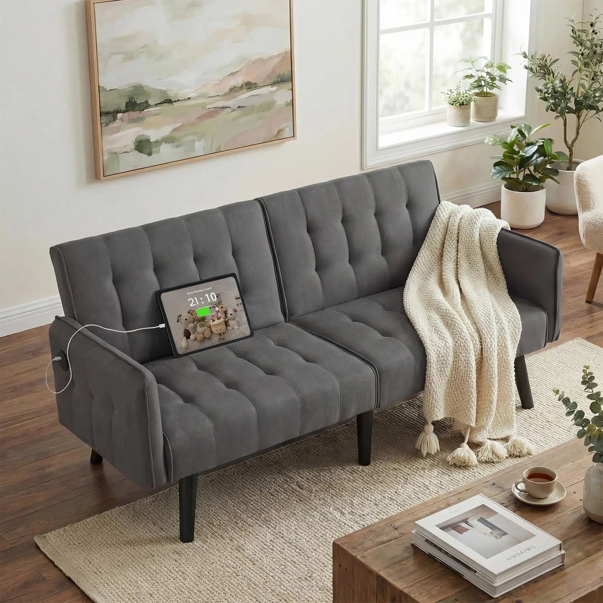 TYBOATLE 65" Brown Faux Leather Futon Sofa Bed Convertible Sleeper Loveseat 2 USB Ports Tufted Adjustable Folding Couch Space - Smoothy Home