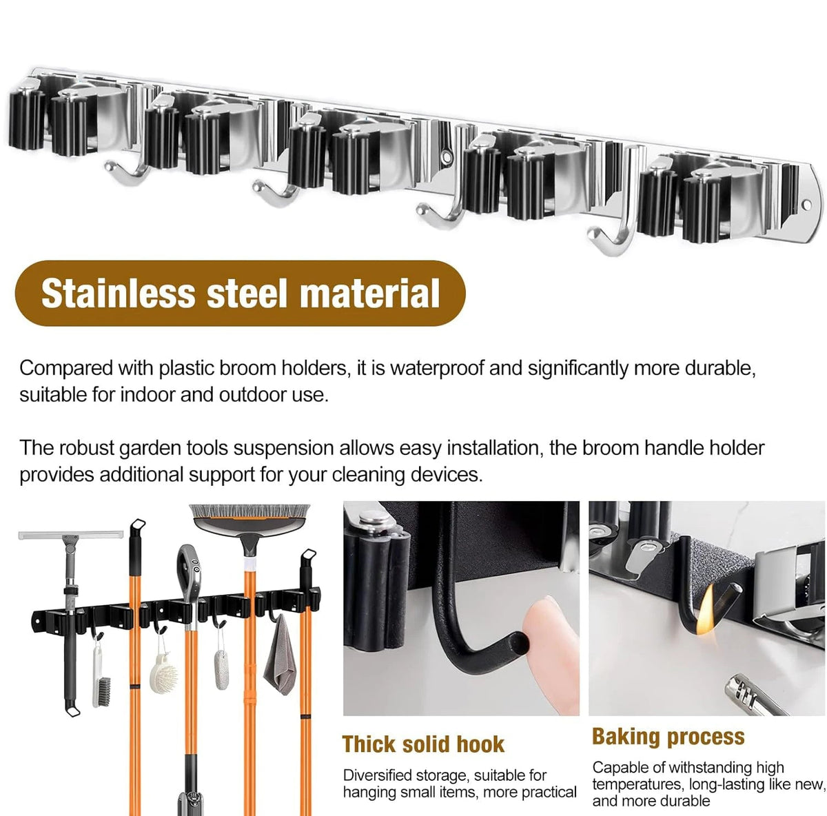 Wall Mount Broom Holder Stainless Steel 5 Racks With 4 Hooks Mop Broom Organizer Heavy Duty Laundry Room Garage Storage Hanger - Smoothy Home