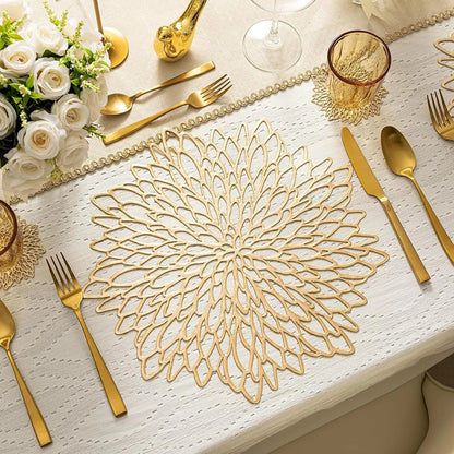 10 PCS Gold Placemats Set of Table Mats Gold Charger Plates Place Mats & 8 Pcs Coasters Wipeable Modern Holiday Round Placemats for Christmas Thanksgiving Farmhouse Wedding Dining Table Setting Decor - Smoothy Home