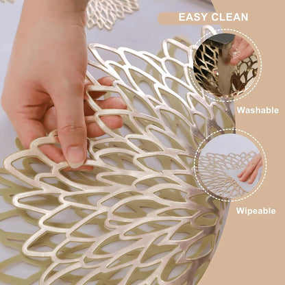 10 PCS Gold Placemats Set of Table Mats Gold Charger Plates Place Mats & 8 Pcs Coasters Wipeable Modern Holiday Round Placemats for Christmas Thanksgiving Farmhouse Wedding Dining Table Setting Decor - Smoothy Home