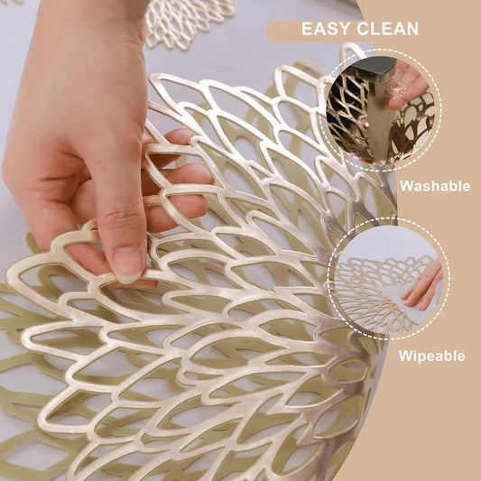 10 PCS Gold Placemats Set of Table Mats Gold Charger Plates Place Mats & 8 Pcs Coasters Wipeable Modern Holiday Round Placemats for Christmas Thanksgiving Farmhouse Wedding Dining Table Setting Decor - Smoothy Home