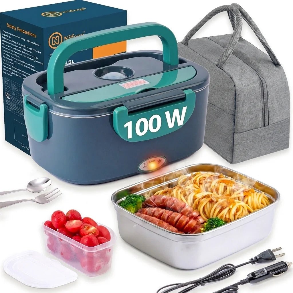 100W Electric Heating Lunch Box, 2 in 1 Car & Home Use Portable Food Warmer Heater with 304 Stainless Steel Container, Leakproof Thermal Lunch Container with Insulated Carry Bag for Office Travel - Smoothy Home