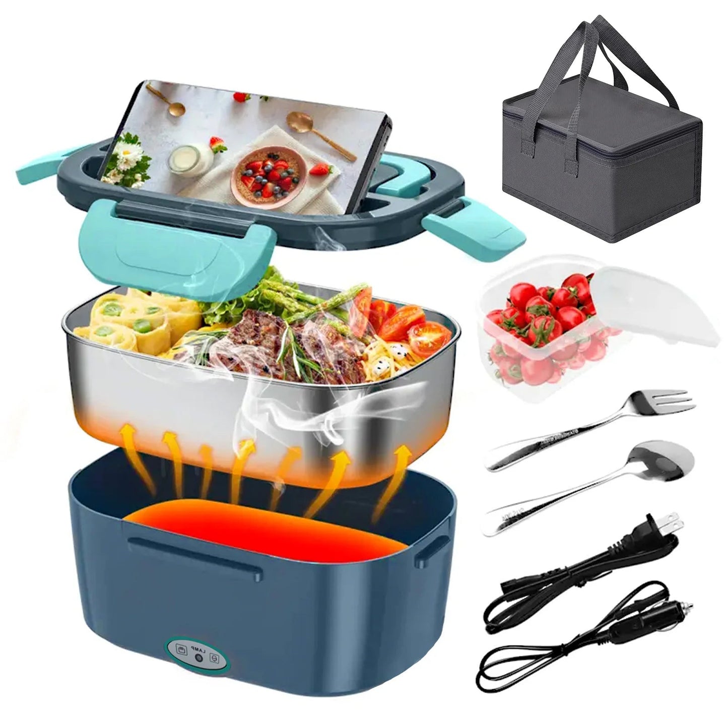 100W Electric Heating Lunch Box, 2 in 1 Car & Home Use Portable Food Warmer Heater with 304 Stainless Steel Container, Leakproof Thermal Lunch Container with Insulated Carry Bag for Office Travel - Smoothy Home