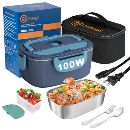 100W Electric Heating Lunch Box, 2 in 1 Car & Home Use Portable Food Warmer Heater with 304 Stainless Steel Container, Leakproof Thermal Lunch Container with Insulated Carry Bag for Office Travel - Smoothy Home