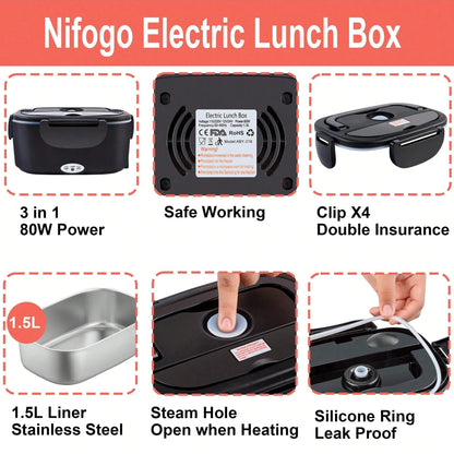 100W Electric Heating Lunch Box, 2 in 1 Car & Home Use Portable Food Warmer Heater with 304 Stainless Steel Container, Leakproof Thermal Lunch Container with Insulated Carry Bag for Office Travel - Smoothy Home