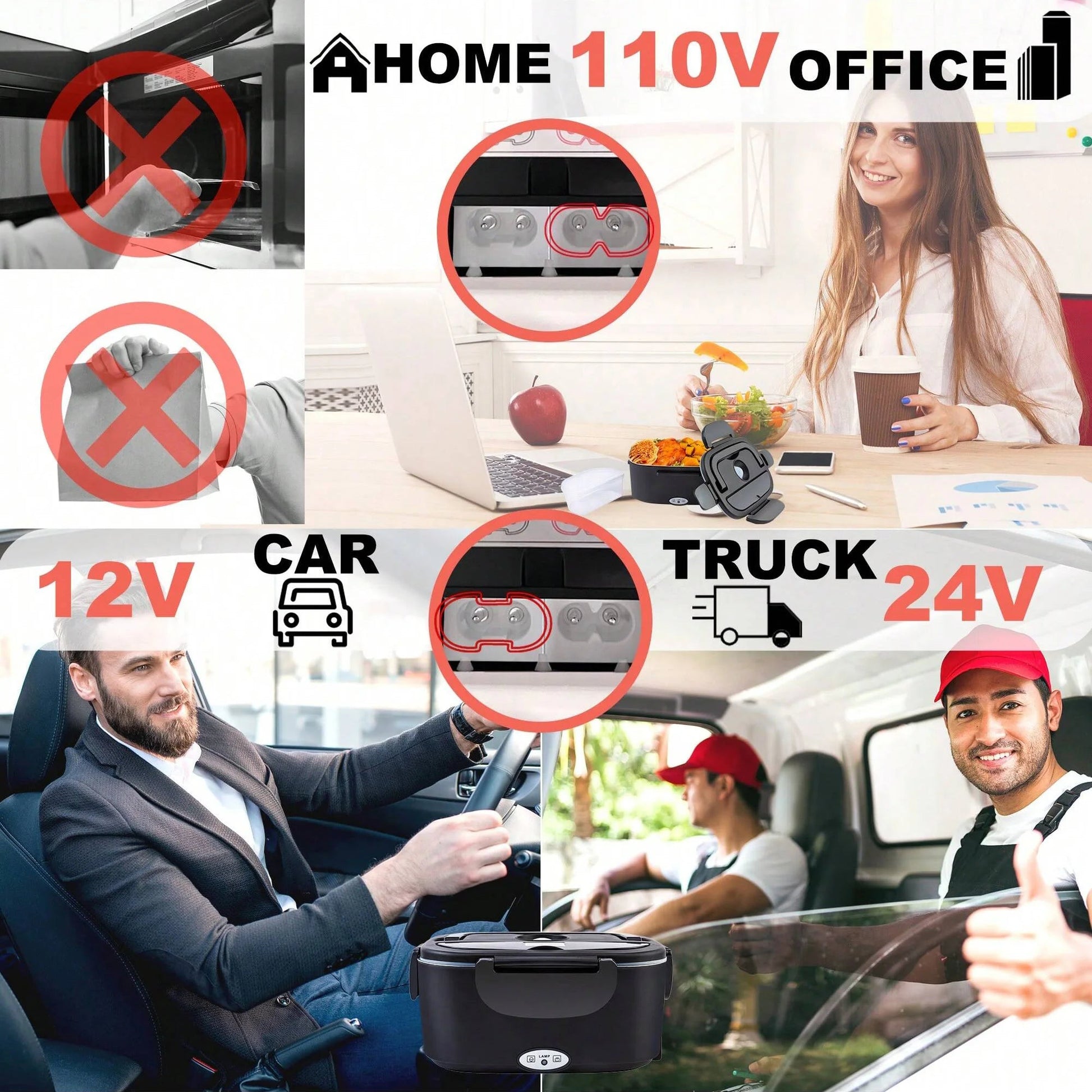 100W Electric Heating Lunch Box, 2 in 1 Car & Home Use Portable Food Warmer Heater with 304 Stainless Steel Container, Leakproof Thermal Lunch Container with Insulated Carry Bag for Office Travel - Smoothy Home