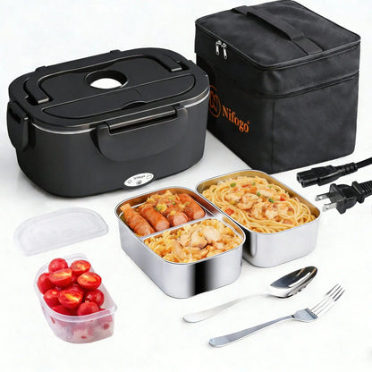 100W Electric Heating Lunch Box, 2 in 1 Car & Home Use Portable Food Warmer Heater with 304 Stainless Steel Container, Leakproof Thermal Lunch Container with Insulated Carry Bag for Office Travel - Smoothy Home