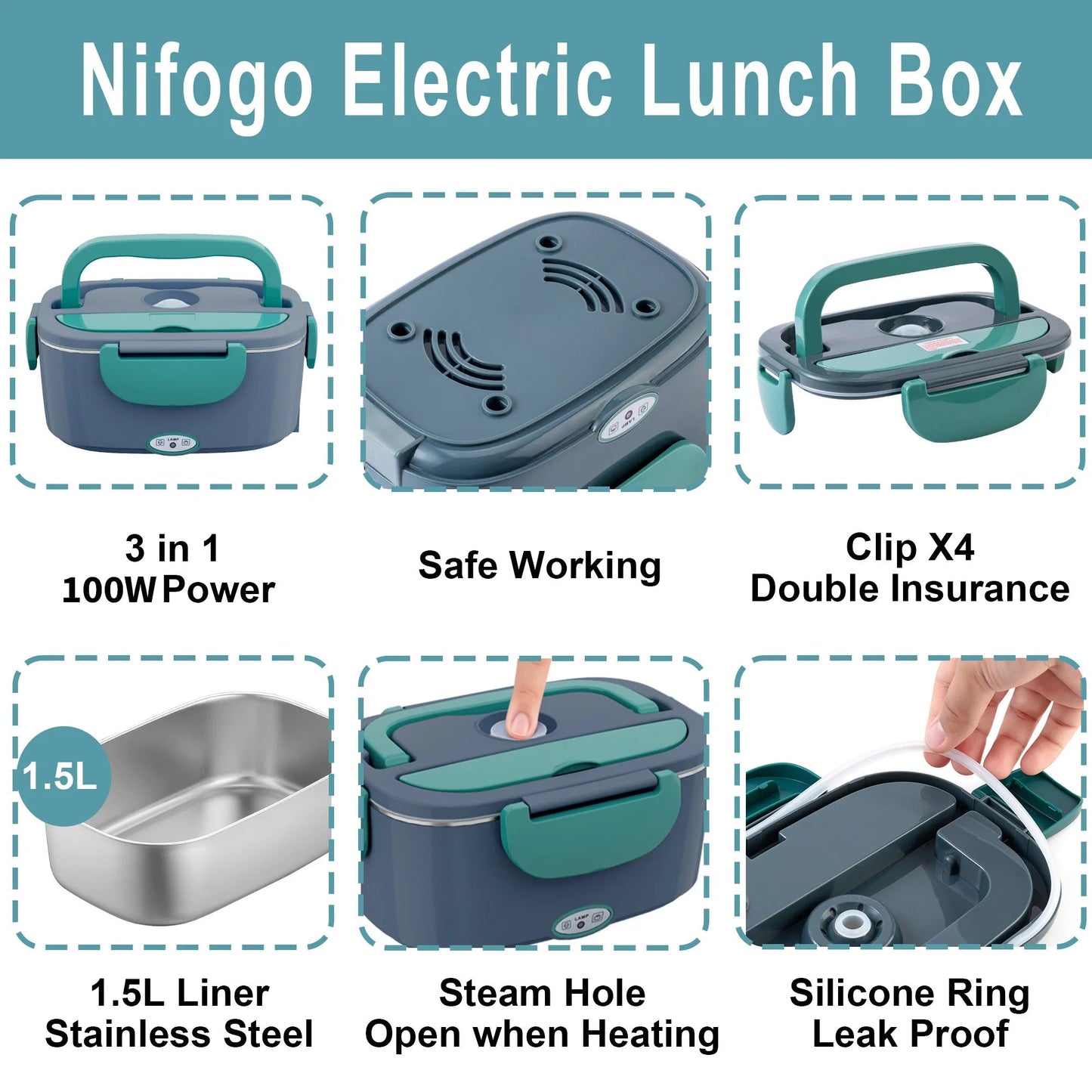 100W Electric Heating Lunch Box, 2 in 1 Car & Home Use Portable Food Warmer Heater with 304 Stainless Steel Container, Leakproof Thermal Lunch Container with Insulated Carry Bag for Office Travel - Smoothy Home