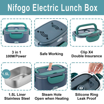 100W Electric Heating Lunch Box, 2 in 1 Car & Home Use Portable Food Warmer Heater with 304 Stainless Steel Container, Leakproof Thermal Lunch Container with Insulated Carry Bag for Office Travel - Smoothy Home