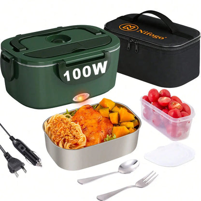 100W Electric Heating Lunch Box, 2 in 1 Car & Home Use Portable Food Warmer Heater with 304 Stainless Steel Container, Leakproof Thermal Lunch Container with Insulated Carry Bag for Office Travel - Smoothy Home