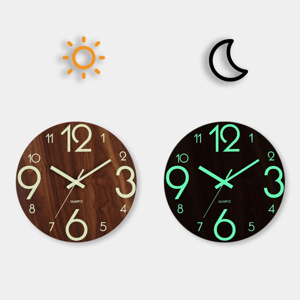 12 Inch Luminous Wall Clock Wood Silent light in dark night Nordic Fashion Wall Clock Non Ticking Clock With Night Light - Smoothy Home
