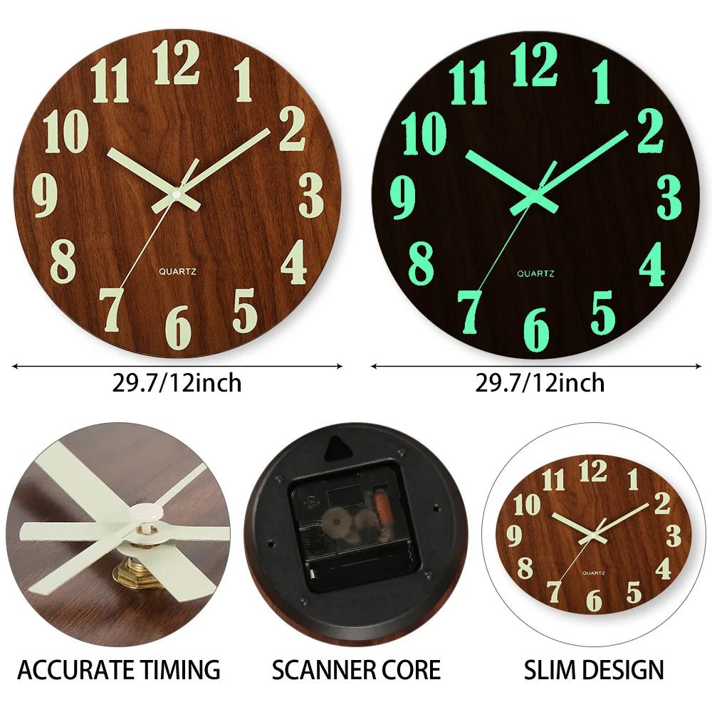 12 Inch Luminous Wall Clock Wood Silent light in dark night Nordic Fashion Wall Clock Non Ticking Clock With Night Light - Smoothy Home