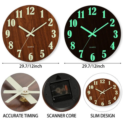 12 Inch Luminous Wall Clock Wood Silent light in dark night Nordic Fashion Wall Clock Non Ticking Clock With Night Light - Smoothy Home