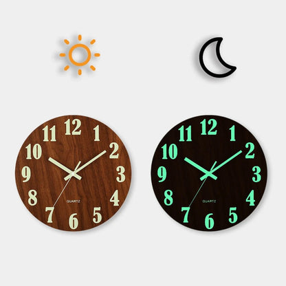 12 Inch Luminous Wall Clock Wood Silent light in dark night Nordic Fashion Wall Clock Non Ticking Clock With Night Light - Smoothy Home