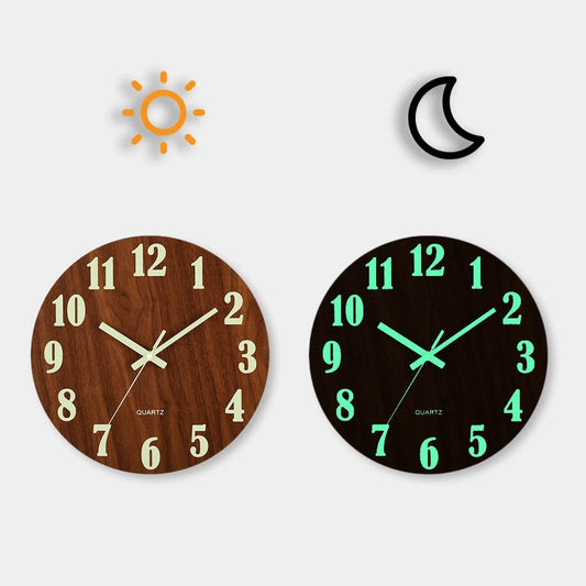 12 Inch Luminous Wall Clock Wood Silent light in dark night Nordic Fashion Wall Clock Non Ticking Clock With Night Light - Smoothy Home