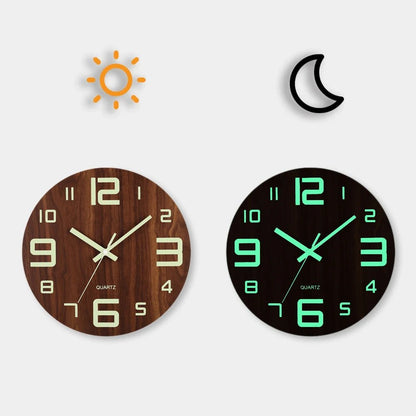 12 Inch Luminous Wall Clock Wood Silent light in dark night Nordic Fashion Wall Clock Non Ticking Clock With Night Light - Smoothy Home