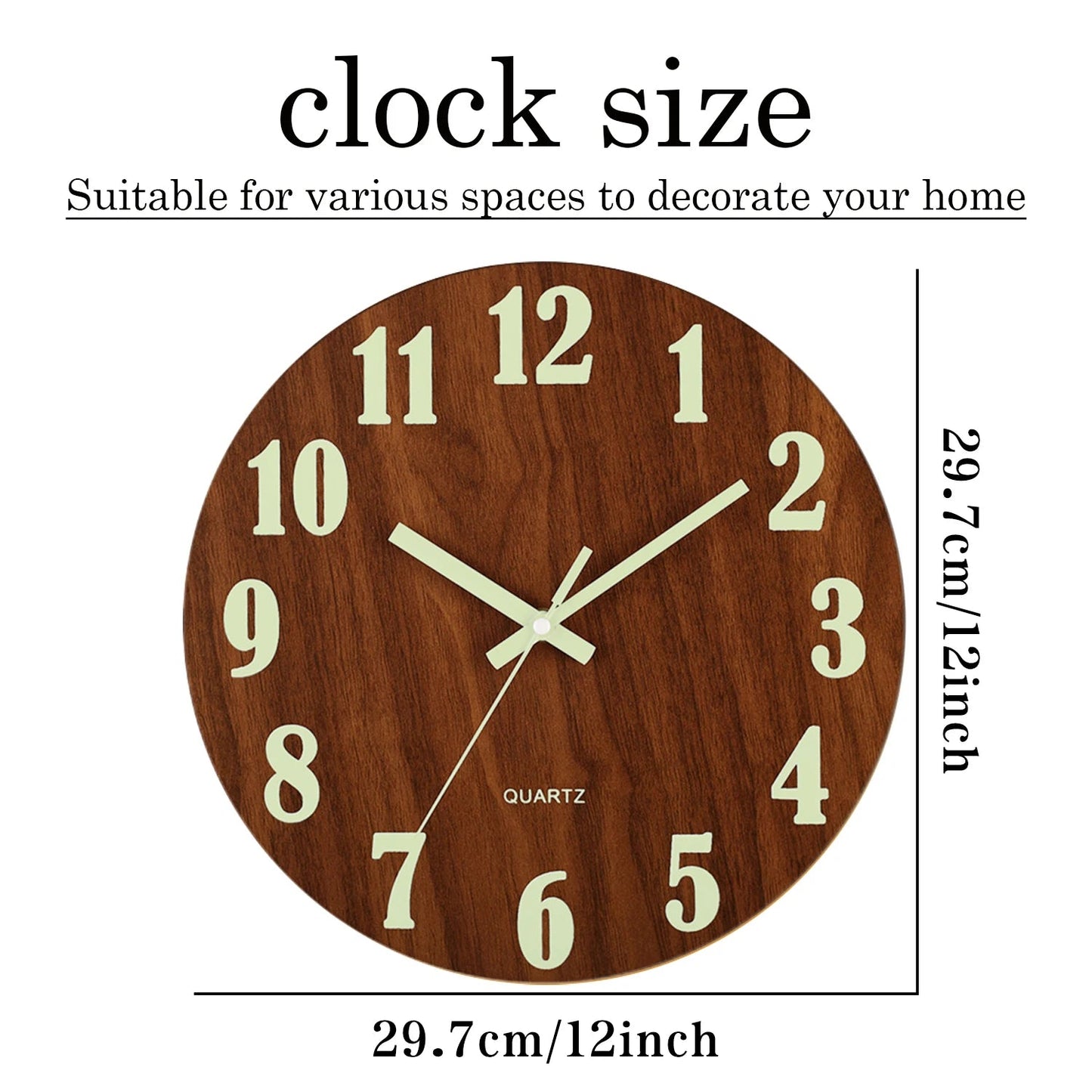 12 Inch Luminous Wall Clock Wood Silent light in dark night Nordic Fashion Wall Clock Non Ticking Clock With Night Light - Smoothy Home