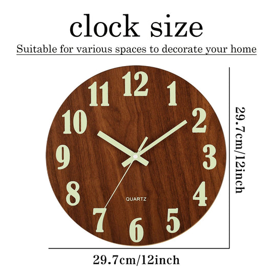 12 Inch Luminous Wall Clock Wood Silent light in dark night Nordic Fashion Wall Clock Non Ticking Clock With Night Light - Smoothy Home