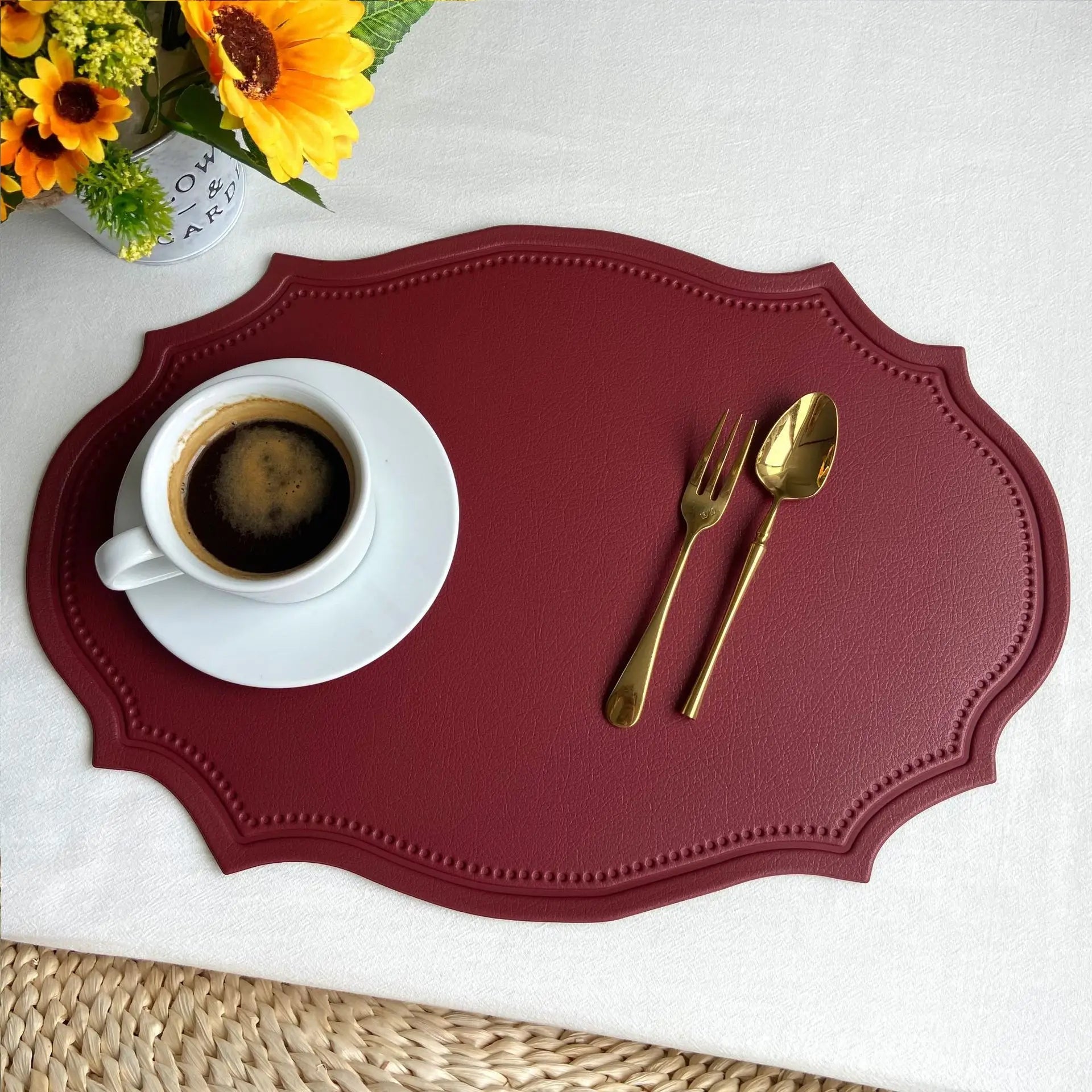 1/4/6PCS Shaped PU Placemat Set Faux Leather Kitchen Dining Table Pad Luxury Black Pink Green Place Mat Tableware Cafe Pad 식탁매트 - Smoothy Home