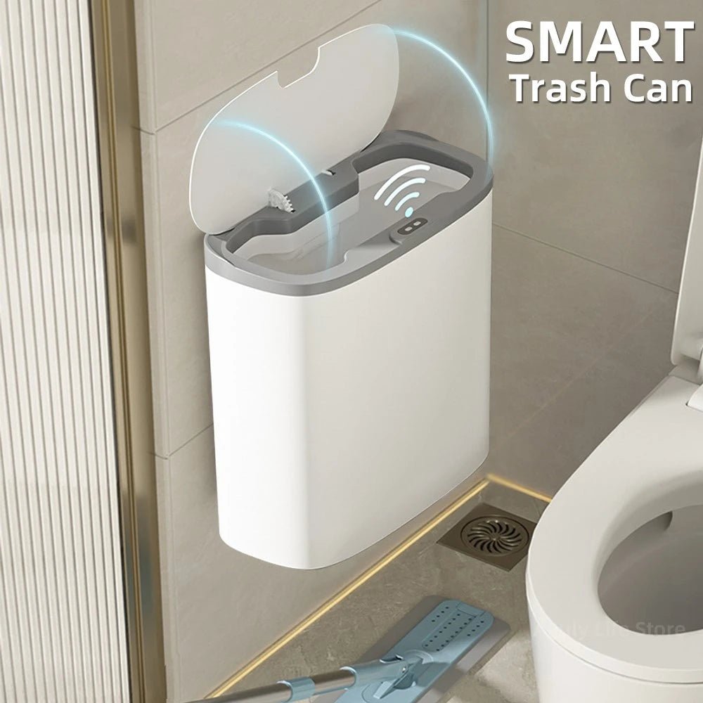14L Smart Sensor Trash Can Wall Mounted Automatic Wastebasket Waterproof Electric Waste Bin Waste Paper Bucket Dustbin White New - Smoothy Home