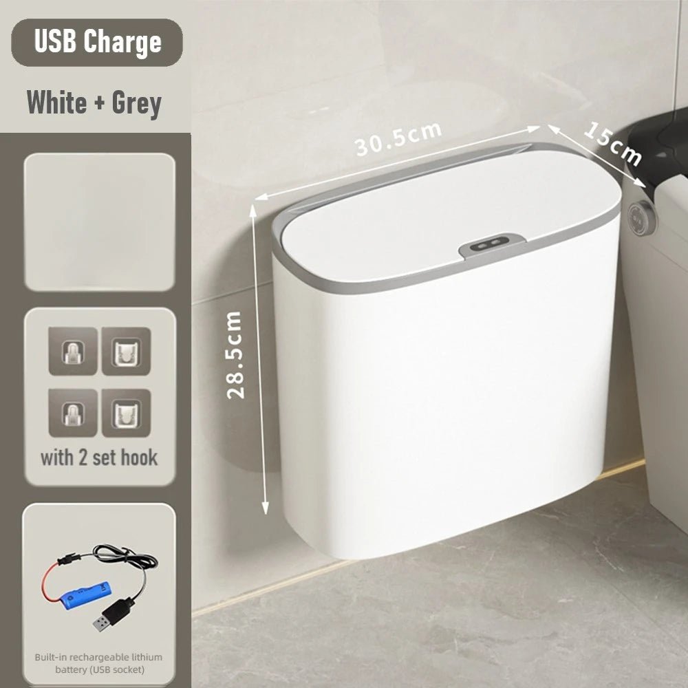 14L Smart Sensor Trash Can Wall Mounted Automatic Wastebasket Waterproof Electric Waste Bin Waste Paper Bucket Dustbin White New - Smoothy Home