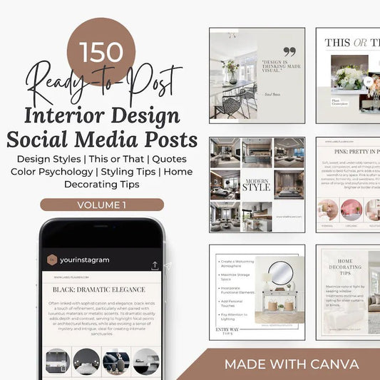 150 Ready-to-Post Interior Design Social Media Posts | Canva Editable Templates | Volume 1 | Instagram & Pinterest Content - Smoothy Home