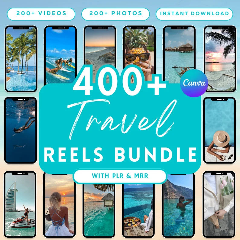 400+ Travel Reels Bundle | 200+ Videos + 200+ Photos | Canva Templates with PLR & MRR | Instant Download