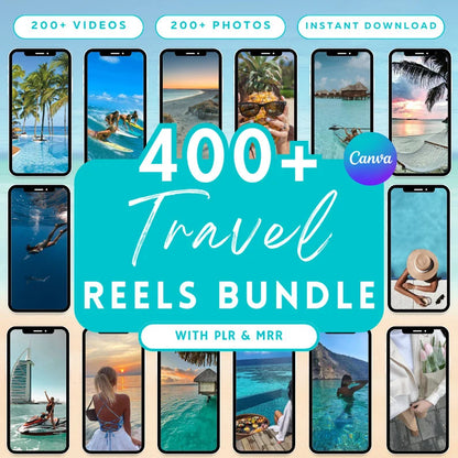 400+ Travel Reels Bundle | 200+ Videos + 200+ Photos | Canva Templates with PLR & MRR | Instant Download