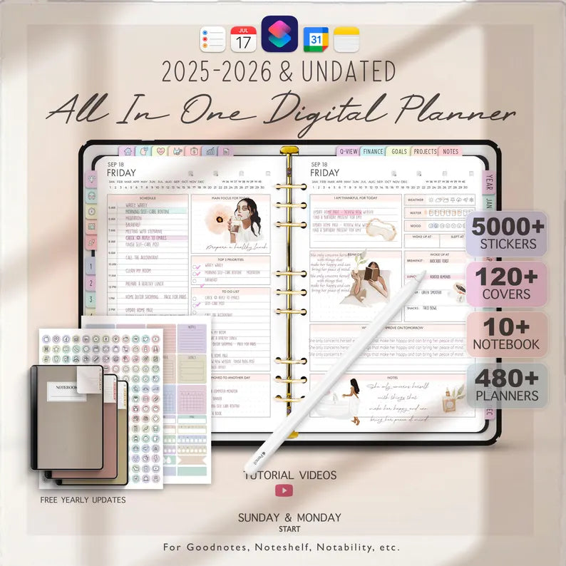 2025-2026 & Undated All-In-One Digital Planner | 5000+ Stickers, 120+ Covers & 480+ Templates | GoodNotes