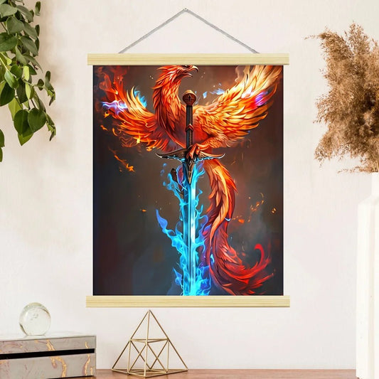1pc 2D Flat Frameless Phoenix Fire Animal Canvas Art Scroll Hanging Posters Print,Modern Mythical Firebird Wall Decor - Smoothy Home