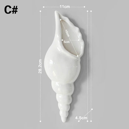 1Pc Amagogo Modern White Ceramic Sea Shell Conch Flower Vase Wall Hanging Home Decor - Smoothy Home