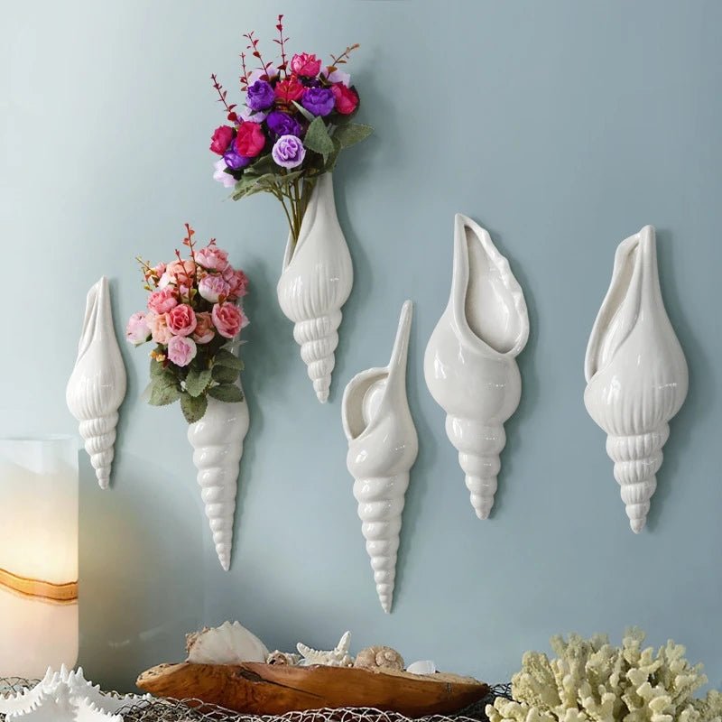 1Pc Amagogo Modern White Ceramic Sea Shell Conch Flower Vase Wall Hanging Home Decor - Smoothy Home