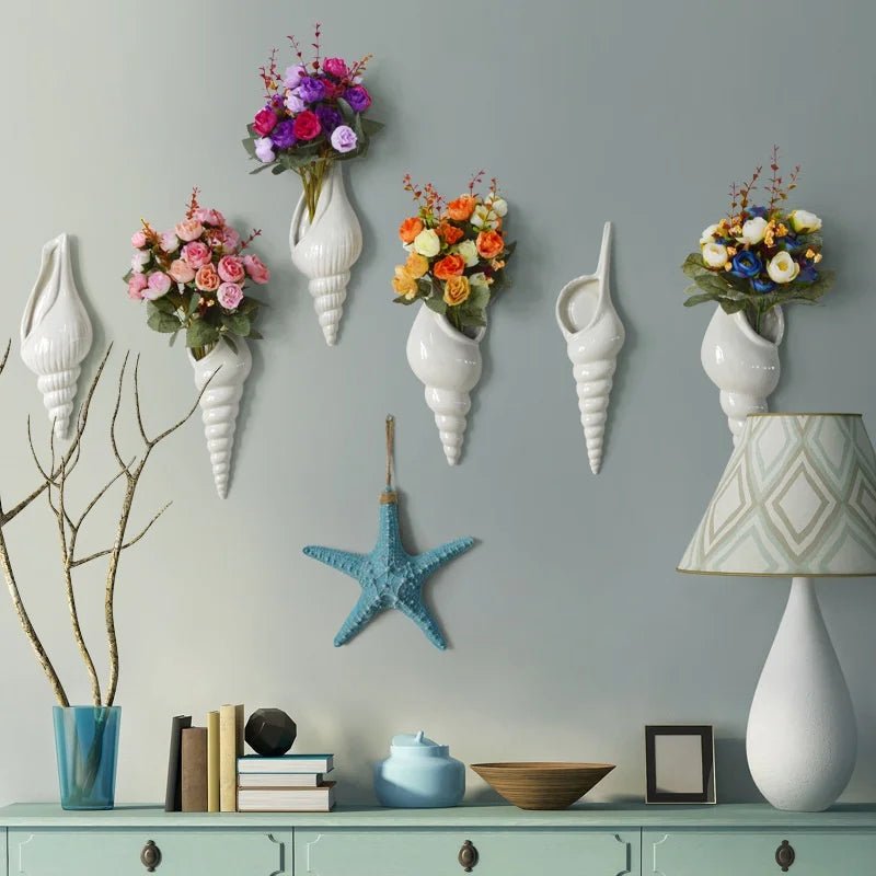 1Pc Amagogo Modern White Ceramic Sea Shell Conch Flower Vase Wall Hanging Home Decor - Smoothy Home