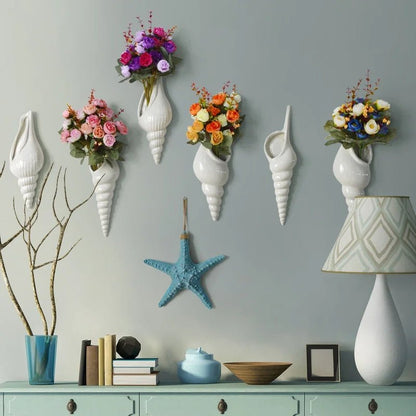 1Pc Amagogo Modern White Ceramic Sea Shell Conch Flower Vase Wall Hanging Home Decor - Smoothy Home