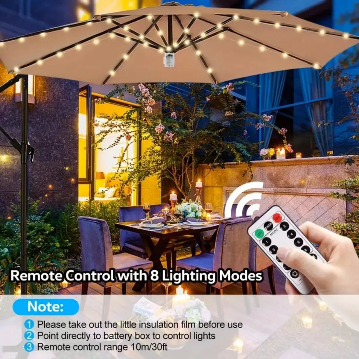 1PC Patio Umbrella Light with Remote 8 Adjustable Brightness Modes Outdoor Waterproof 104 LED Light Battery Operated For Beach - Smoothy Home