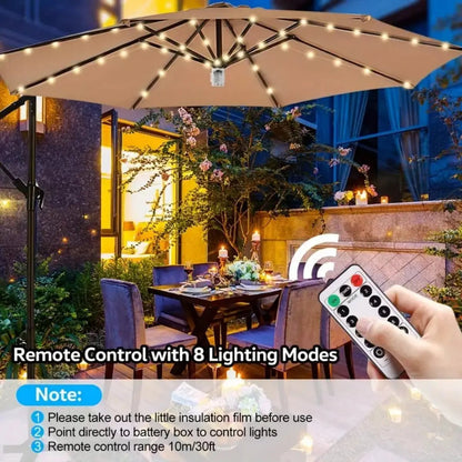 1PC Patio Umbrella Light with Remote 8 Adjustable Brightness Modes Outdoor Waterproof 104 LED Light Battery Operated For Beach - Smoothy Home
