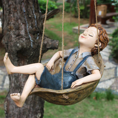 1pc Swing Boy Statue, Leisurely Atmosphere Garden Accessories, Resin Sculpture Ornament For Home Office Desktop Living Room Book - Smoothy Home