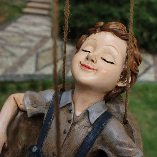 1pc Swing Boy Statue, Leisurely Atmosphere Garden Accessories, Resin Sculpture Ornament For Home Office Desktop Living Room Book - Smoothy Home