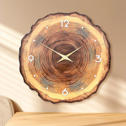 1pc wooden ring veneer wall clock, flat wood cross section texture pattern solid wood pointer design wall clock, silent clock - Smoothy Home