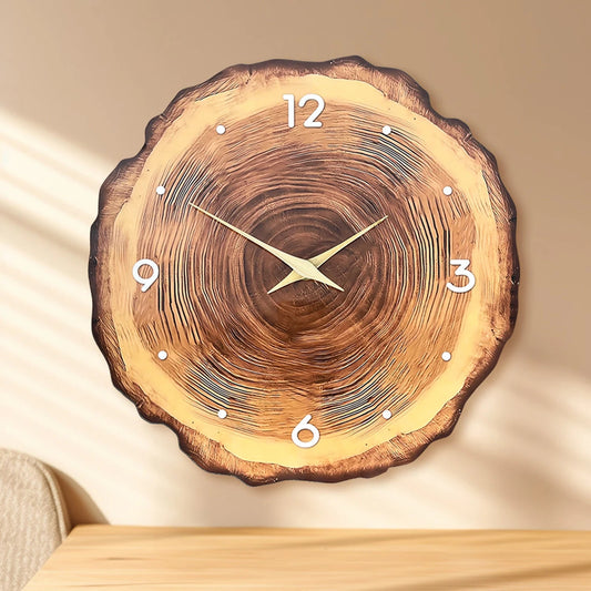 1pc wooden ring veneer wall clock, flat wood cross section texture pattern solid wood pointer design wall clock, silent clock - Smoothy Home