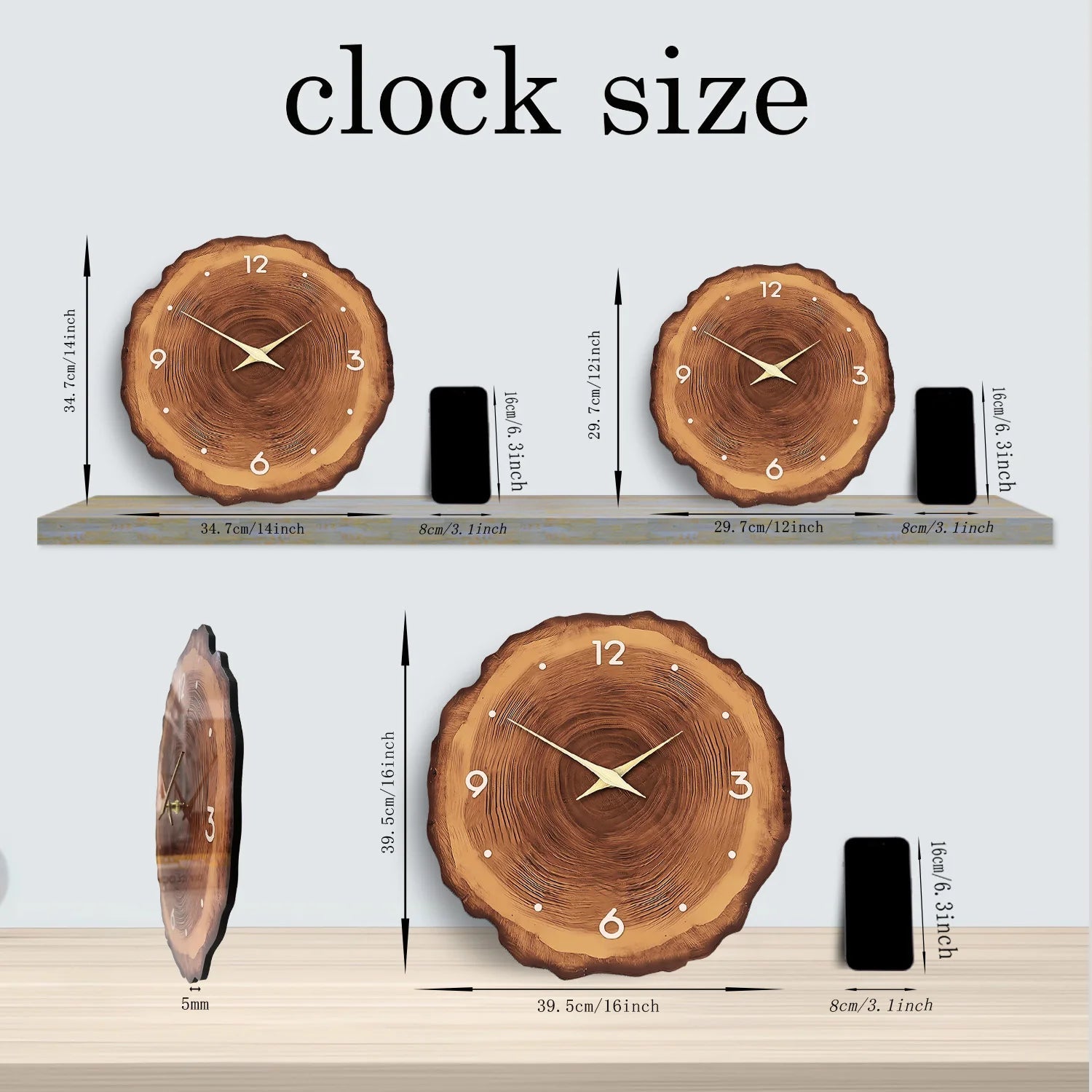 1pc wooden ring veneer wall clock, flat wood cross section texture pattern solid wood pointer design wall clock, silent clock - Smoothy Home