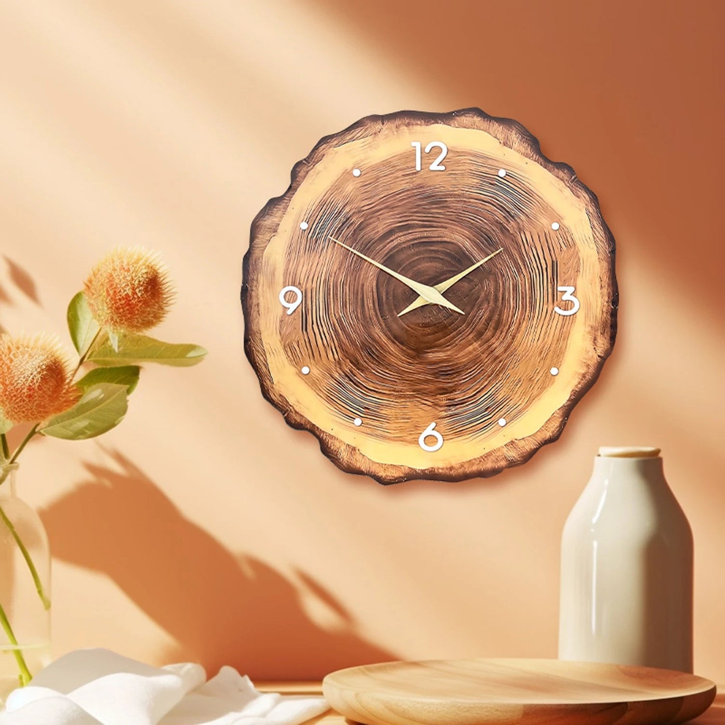 1pc wooden ring veneer wall clock, flat wood cross section texture pattern solid wood pointer design wall clock, silent clock - Smoothy Home