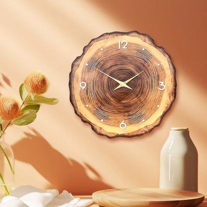 1pc wooden ring veneer wall clock, flat wood cross section texture pattern solid wood pointer design wall clock, silent clock - Smoothy Home