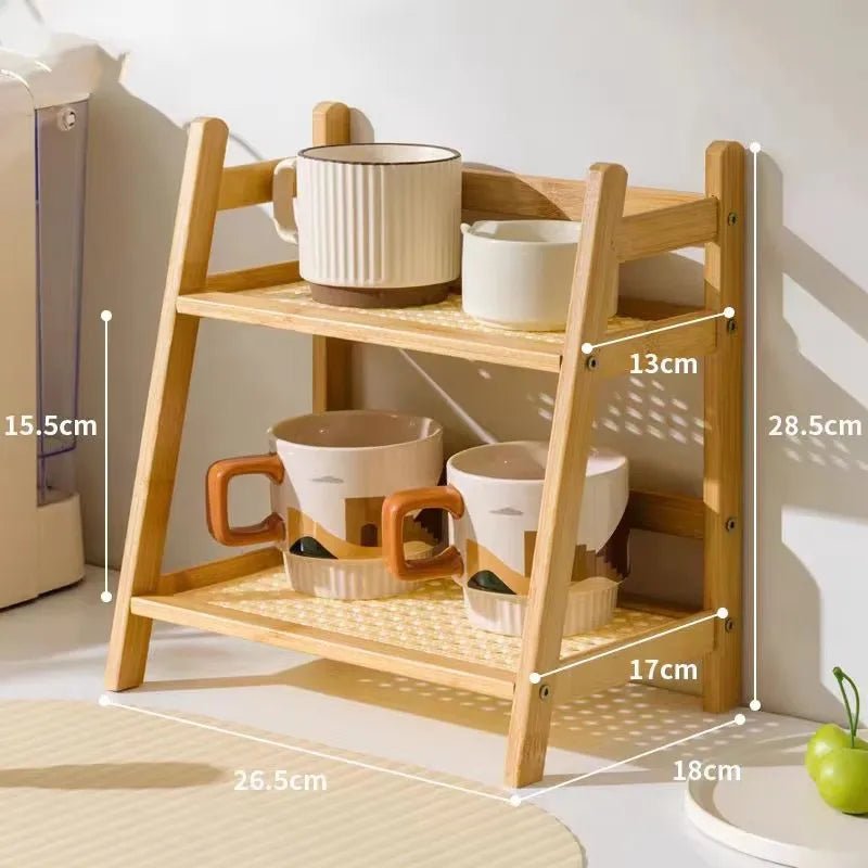 2 Layer Spice Caddy Shelf Bamboo Kitchen Storage Rack Desktop Cabinet Organizer Display Rack Coffee Bar Counter Shelf Cup Holder - Smoothy Home