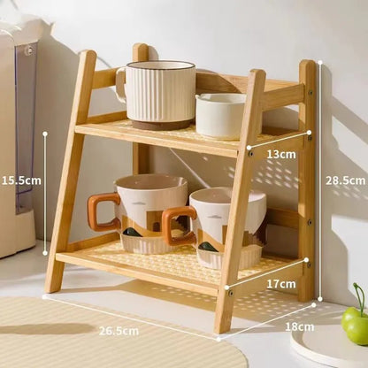 2 Layer Spice Caddy Shelf Bamboo Kitchen Storage Rack Desktop Cabinet Organizer Display Rack Coffee Bar Counter Shelf Cup Holder - Smoothy Home