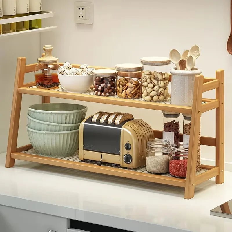 2 Layer Spice Caddy Shelf Bamboo Kitchen Storage Rack Desktop Cabinet Organizer Display Rack Coffee Bar Counter Shelf Cup Holder - Smoothy Home