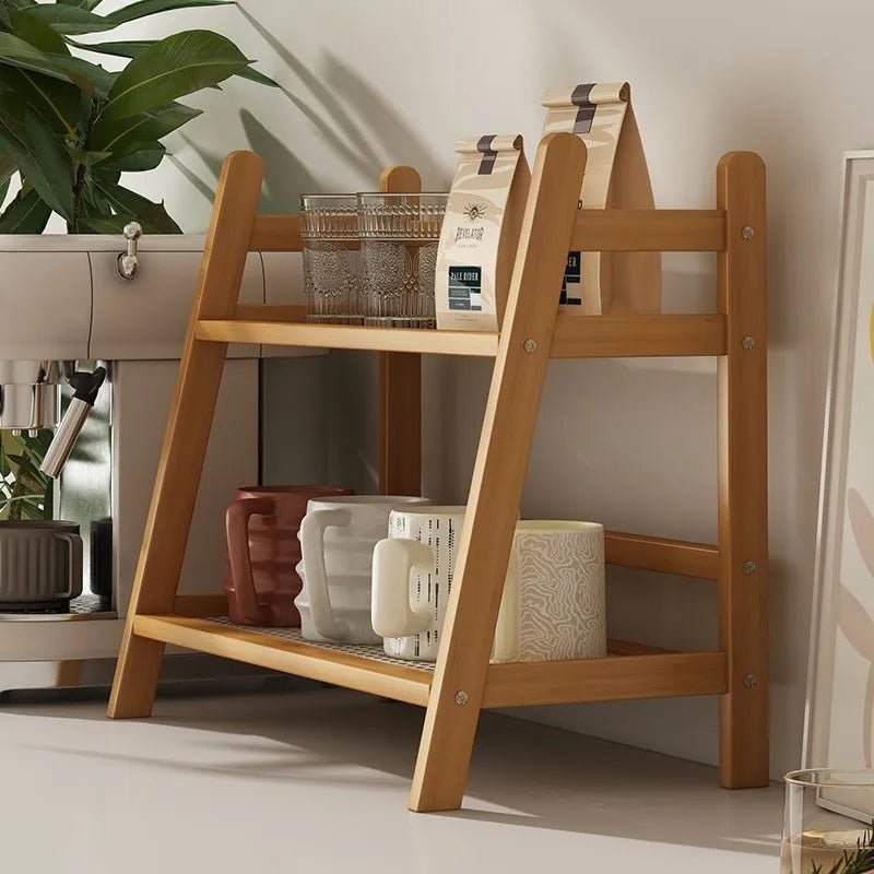 2 Layer Spice Caddy Shelf Bamboo Kitchen Storage Rack Desktop Cabinet Organizer Display Rack Coffee Bar Counter Shelf Cup Holder - Smoothy Home