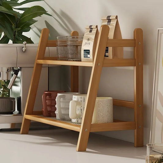 2 Layer Spice Caddy Shelf Bamboo Kitchen Storage Rack Desktop Cabinet Organizer Display Rack Coffee Bar Counter Shelf Cup Holder - Smoothy Home