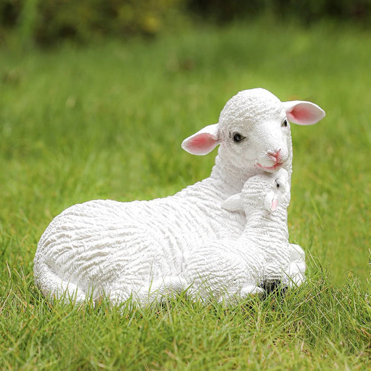 2 pcs Resin Figurine Lamb Ornament Decor for Garden Farmyard Artificial Lamb Mother Baby Sheep Outdoor Sculptures for Garden - Smoothy Home
