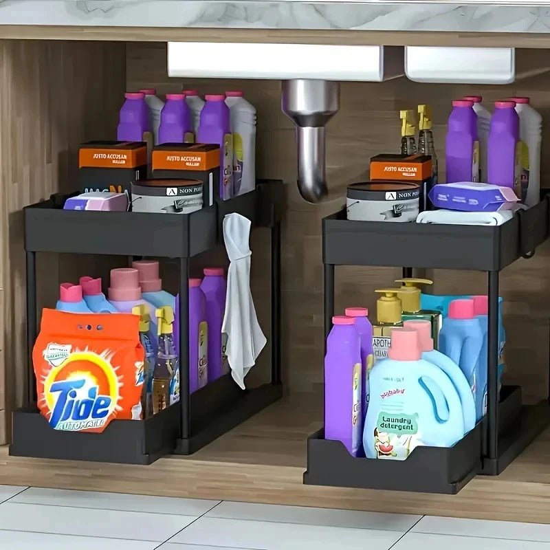2-Tier Under Sink Organizer Sliding Storage Basket with Hooks for Kitchen Bathroom Cabinet - Smoothy Home